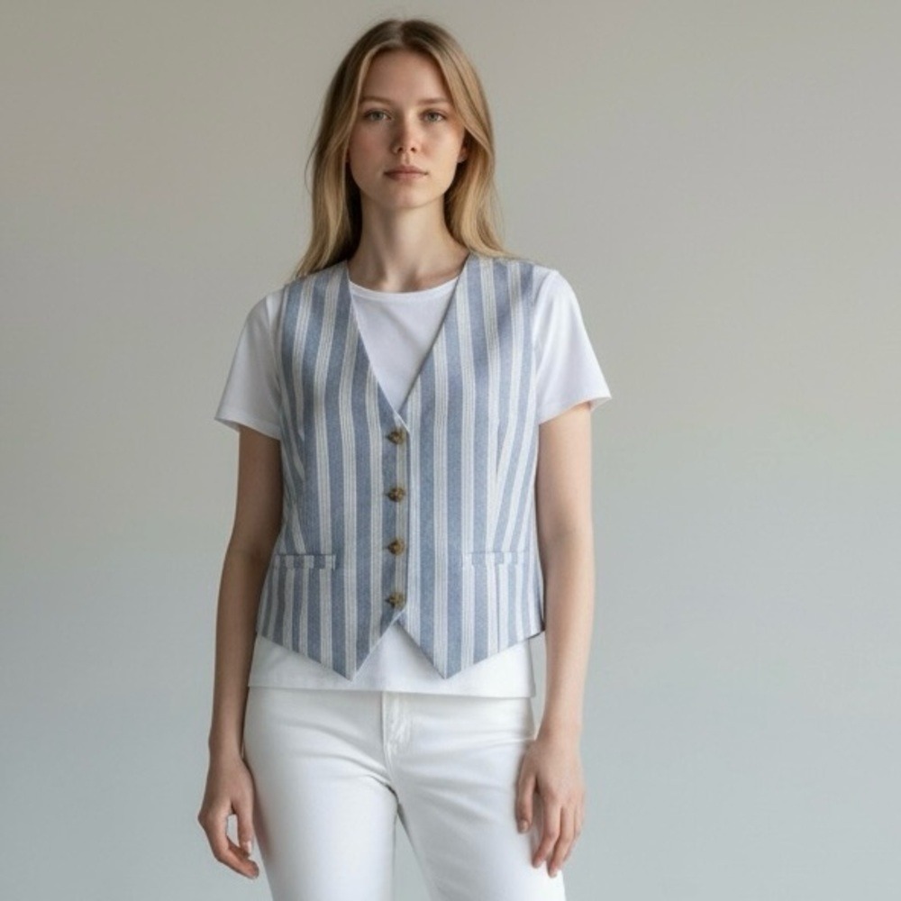 NWT Hippie Rose Linen Blue‎ and White Striped Vest